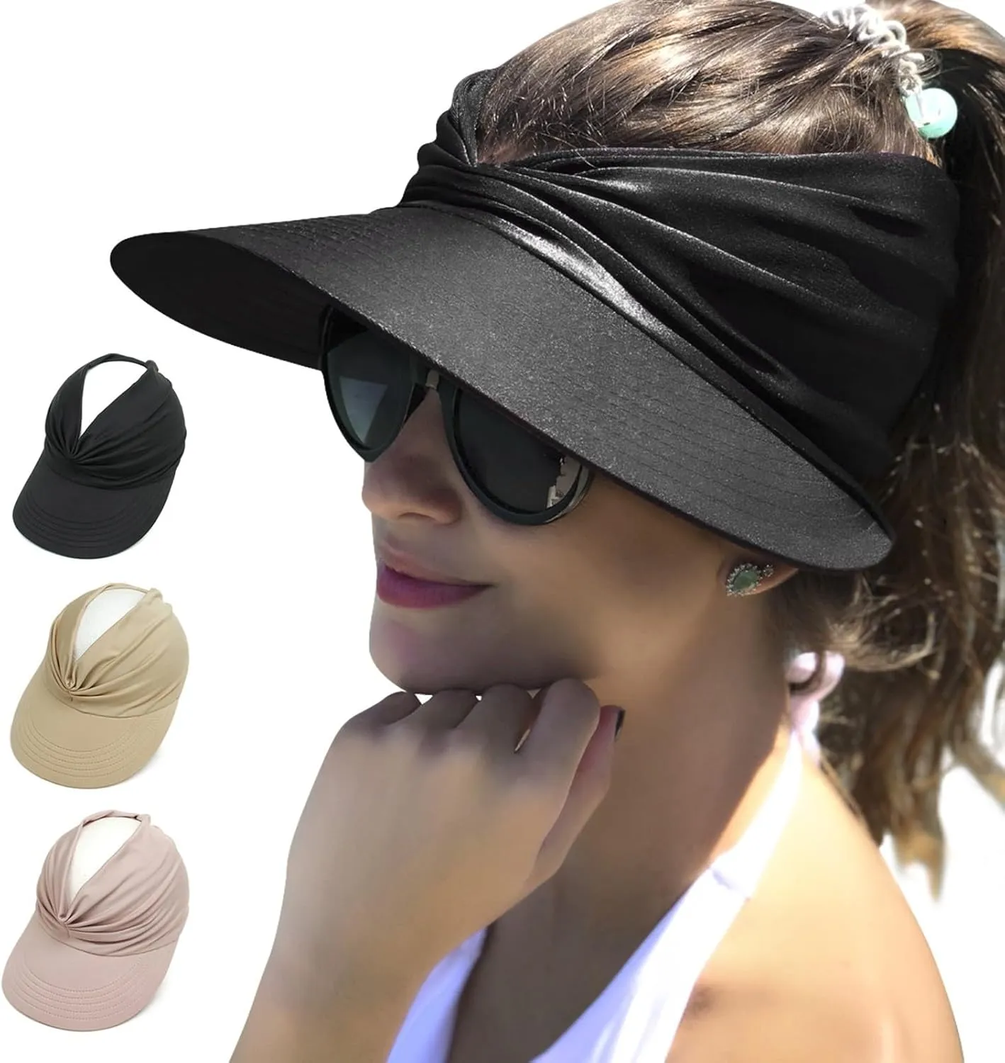 Women's Sun Visor Hat Beach Wide Brim UV Protection Cap with Ponytail Outdoor Sports Beach Golf Hiking Empty Top Hat
