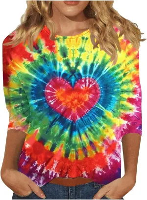 Womens Tops 3/4 Sleeve Loose Fit Tie Dye Hippie Shirts 70s Tshirts Crew Neck Cute Tees 2025 Spring Summer Cute Tees