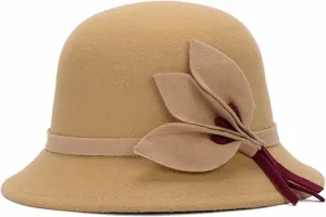 Womens Wool Felt Cloche Hat Elegant Wide Brim Retro Flower Bowknot Bucket Hats Vintage Church Floppy Caps for Ladies