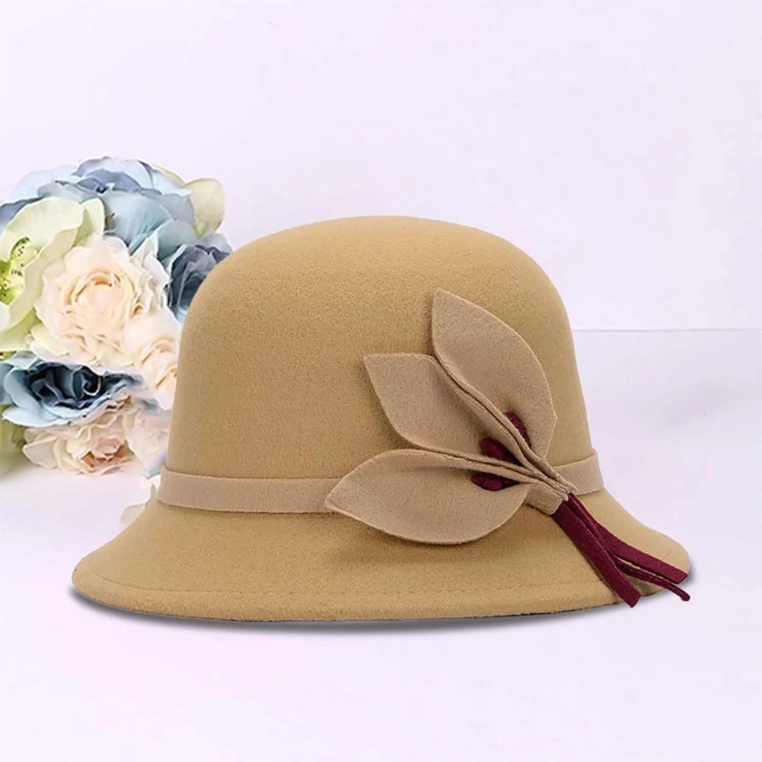 Womens Wool Felt Cloche Hat Elegant Wide Brim Retro Flower Bowknot Bucket Hats Vintage Church Floppy Caps for Ladies