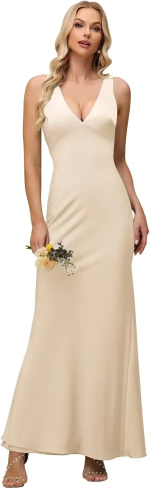 Xijun Women's V Neck Bridesmaid Dresses Long Simple Backless Bodycon Formal Evening Party Gowns