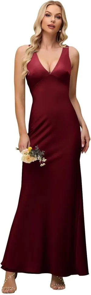 Xijun Women's V Neck Bridesmaid Dresses Long Simple Backless Bodycon Formal Evening Party Gowns