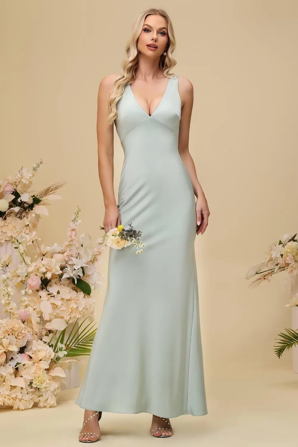 Xijun Women's V Neck Bridesmaid Dresses Long Simple Backless Bodycon Formal Evening Party Gowns