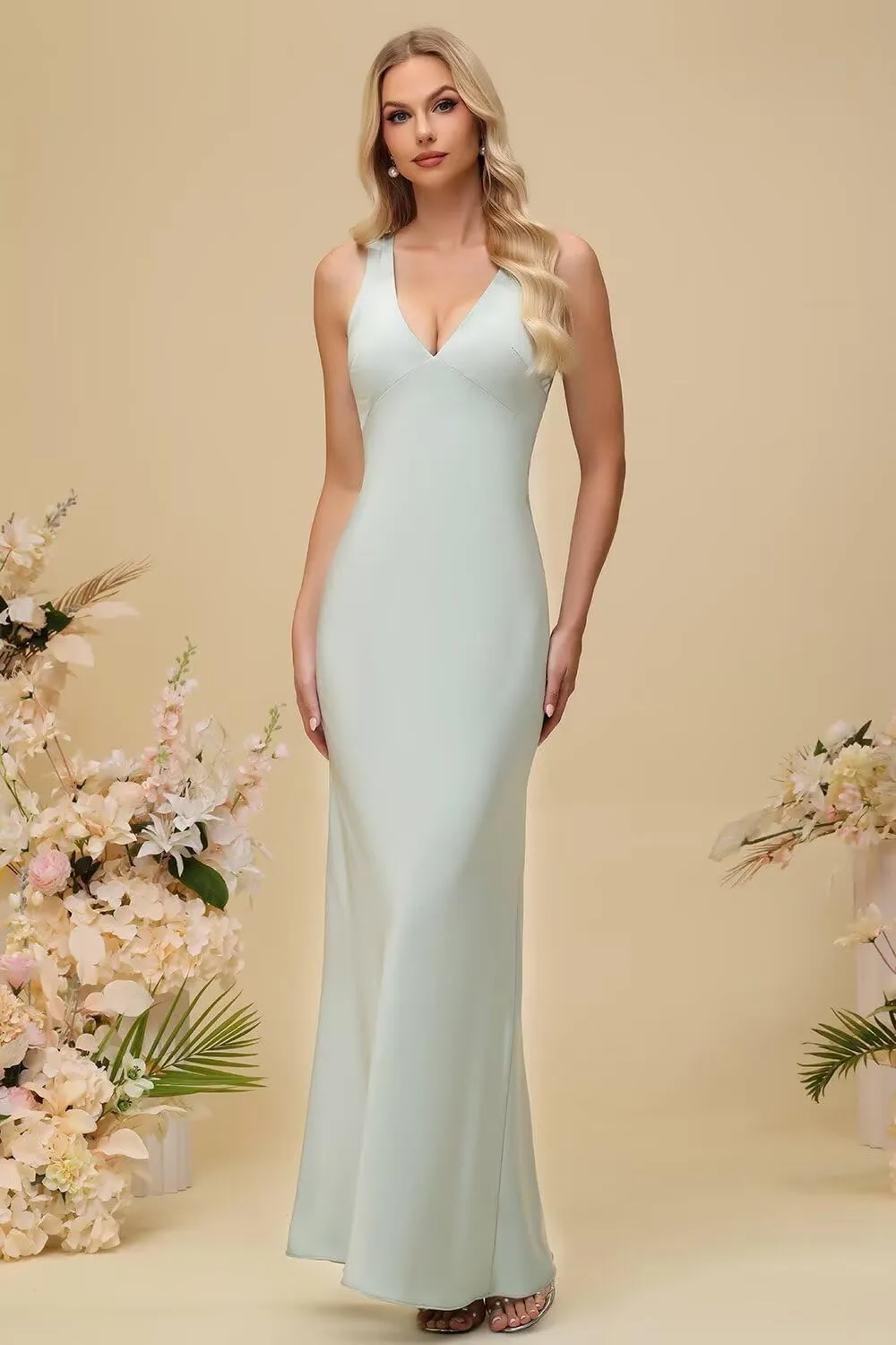 Xijun Women's V Neck Bridesmaid Dresses Long Simple Backless Bodycon Formal Evening Party Gowns