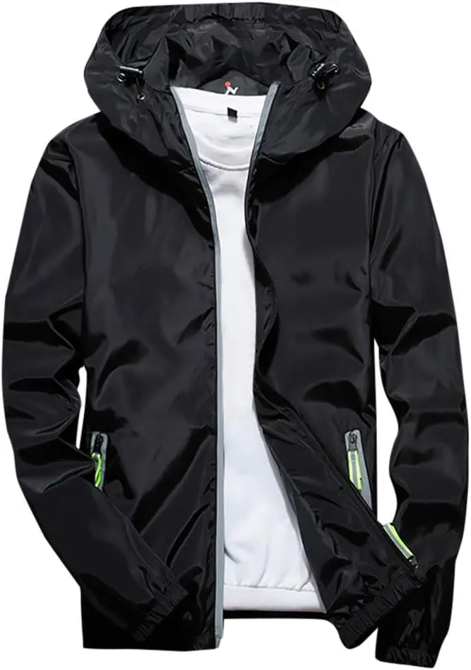 Ymosrh Mens Lightweight Rain Jacket Full Zip Hooded Water Resistant Windproof Hiking Fishing Workout Windbreaker, M-7XL