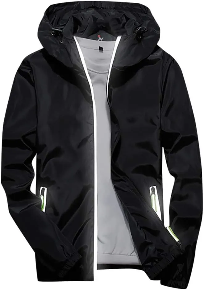 Ymosrh Mens Lightweight Rain Jacket Full Zip Hooded Water Resistant Windproof Hiking Fishing Workout Windbreaker, M-7XL