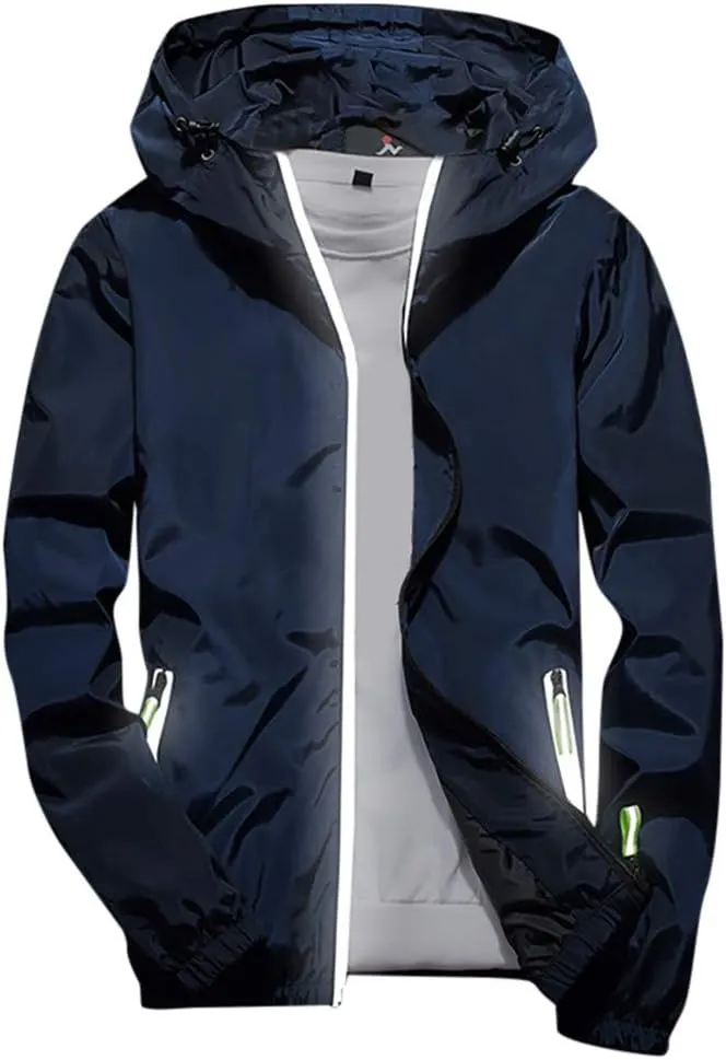 Ymosrh Mens Lightweight Rain Jacket Full Zip Hooded Water Resistant Windproof Hiking Fishing Workout Windbreaker, M-7XL