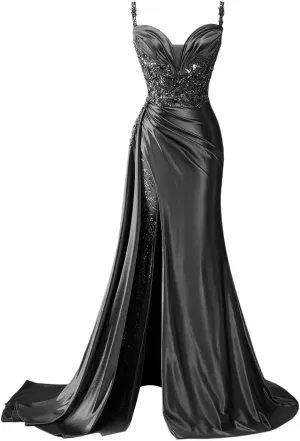 YOFF V Neck Satin Prom Dresses Long Sequin Mermaid Lace Evening Gown with Slit Formal Dress with Tail YO199