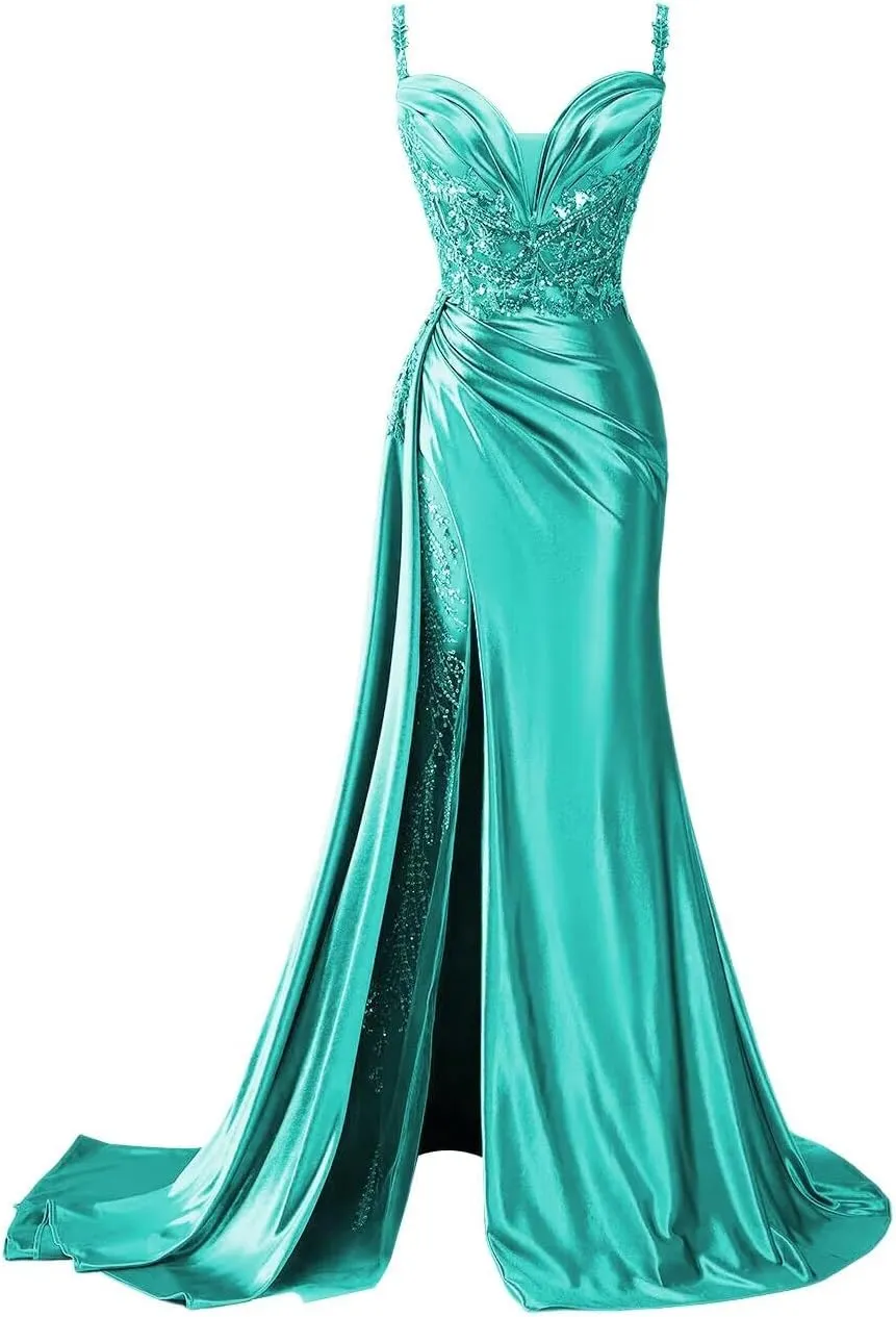 YOFF V Neck Satin Prom Dresses Long Sequin Mermaid Lace Evening Gown with Slit Formal Dress with Tail YO199