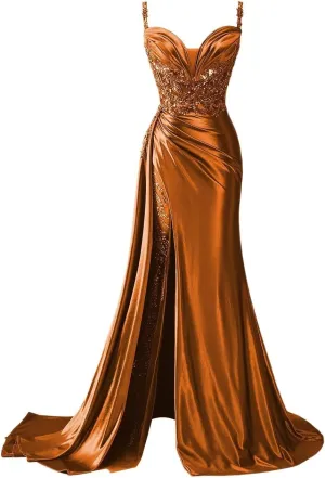 YOFF V Neck Satin Prom Dresses Long Sequin Mermaid Lace Evening Gown with Slit Formal Dress with Tail YO199