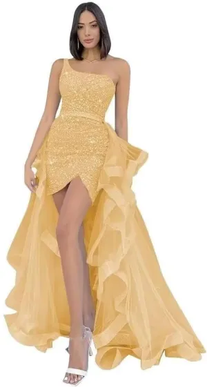 YUAOHUANG One Shoulder Sequin Prom Dresses Sparkly Tight Formal Evening Dress with Ruffles Long Tulle Detachable Train