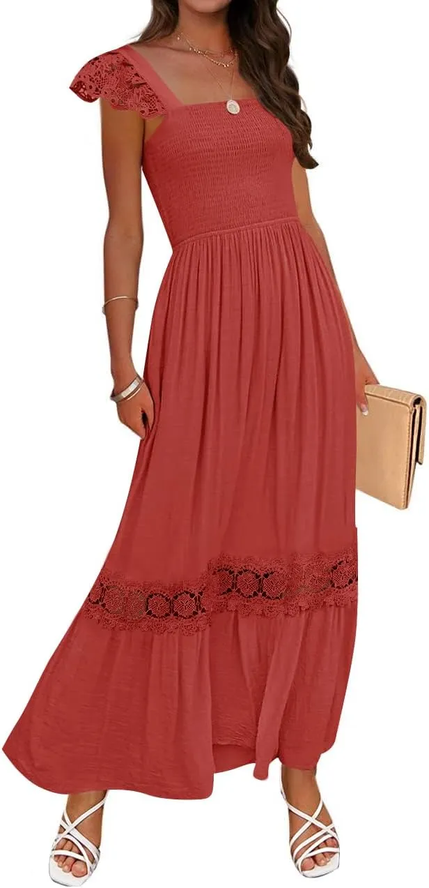ZESICA Women's 2025 Summer Lace Strap Sleeveless Square Neck Smocked High Waist Ruffle Hollow Out Flowy A Line Maxi Dress