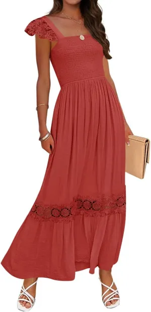 ZESICA Women's 2025 Summer Lace Strap Sleeveless Square Neck Smocked High Waist Ruffle Hollow Out Flowy A Line Maxi Dress