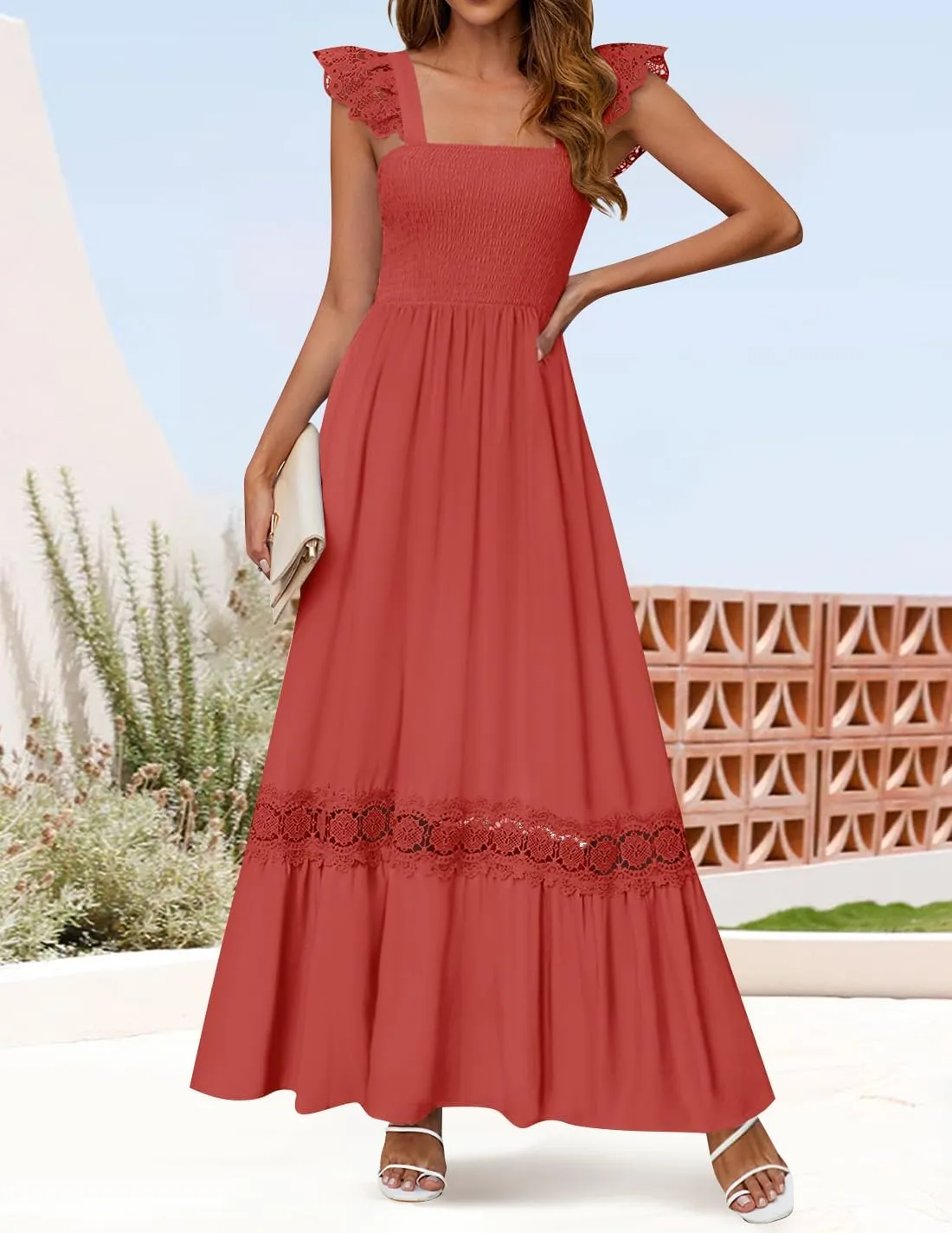 ZESICA Women's 2025 Summer Lace Strap Sleeveless Square Neck Smocked High Waist Ruffle Hollow Out Flowy A Line Maxi Dress