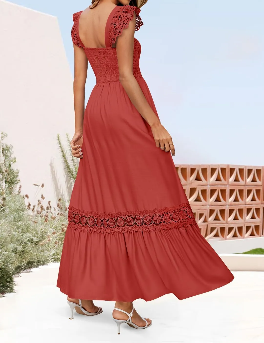 ZESICA Women's 2025 Summer Lace Strap Sleeveless Square Neck Smocked High Waist Ruffle Hollow Out Flowy A Line Maxi Dress