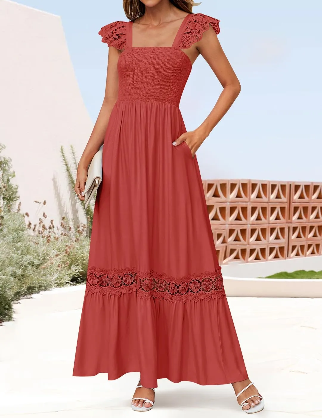 ZESICA Women's 2025 Summer Lace Strap Sleeveless Square Neck Smocked High Waist Ruffle Hollow Out Flowy A Line Maxi Dress