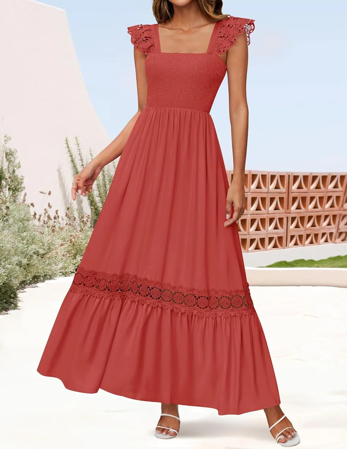 ZESICA Women's 2025 Summer Lace Strap Sleeveless Square Neck Smocked High Waist Ruffle Hollow Out Flowy A Line Maxi Dress